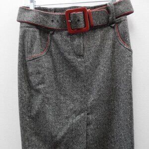 Vintage Bebe Black/Grey Wool Blend Pencil Skirt w/Red Statement Belt Women 6